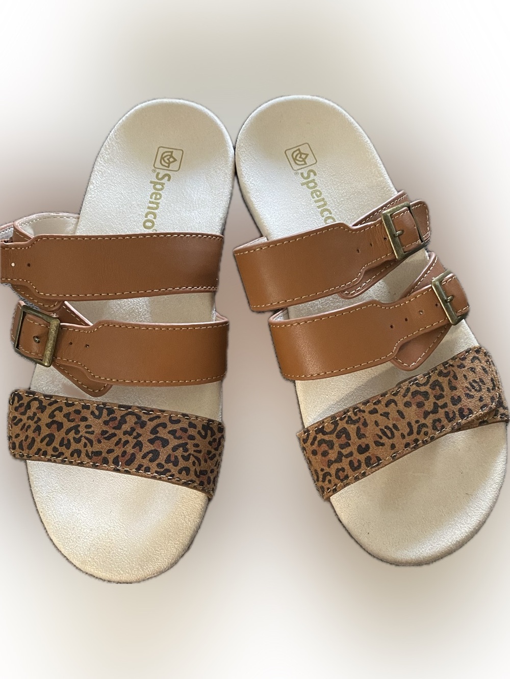Spenco Leopard Print & Tan Triple-Strap Sandals